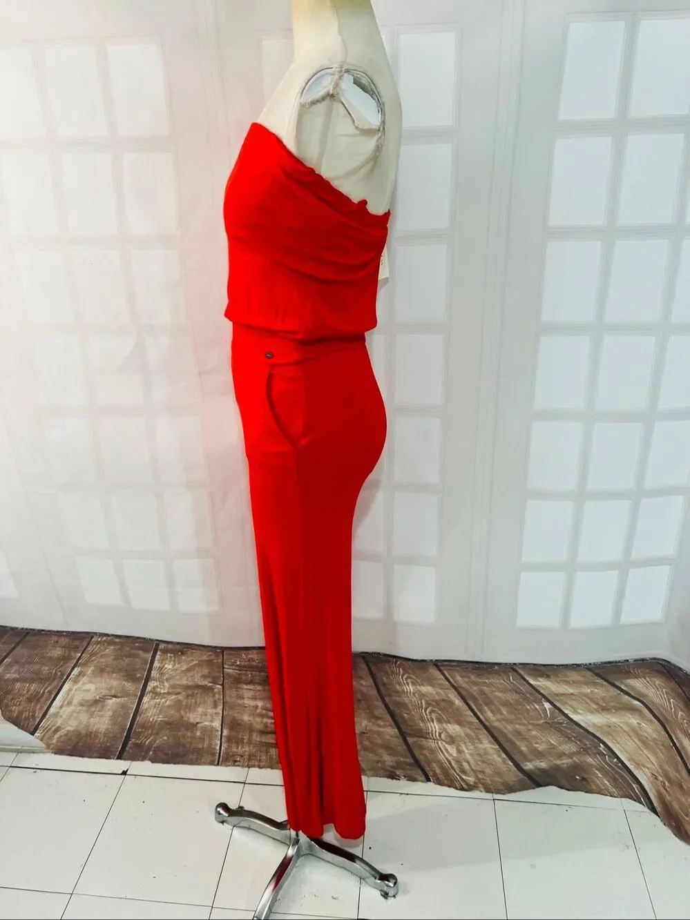 Guess NWT Coral Red Wide Leg Cutout Back Strapless Jersey Jumpsuit Size XS